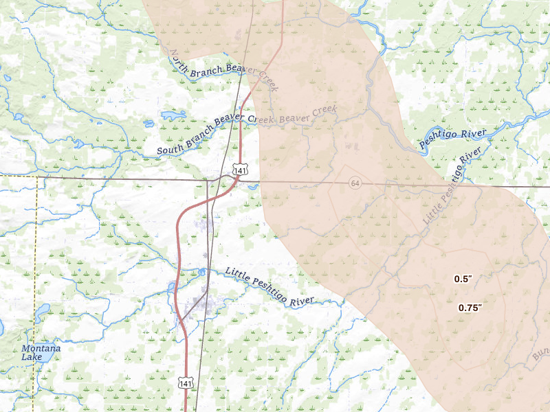 Radar-estimated hail-size map of the storm over Pound, WI on Jul 27, 2026