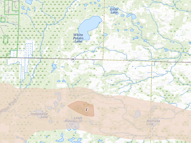 Radar-estimated hail-size map of the storm over Pound, WI on Aug 11, 2026