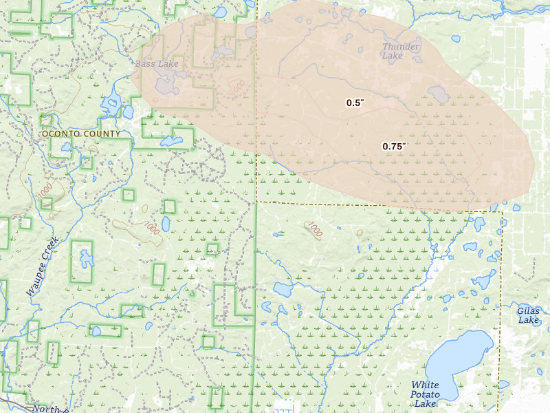 Radar-estimated hail-size map of the storm over Pound, WI on Aug 18, 2026