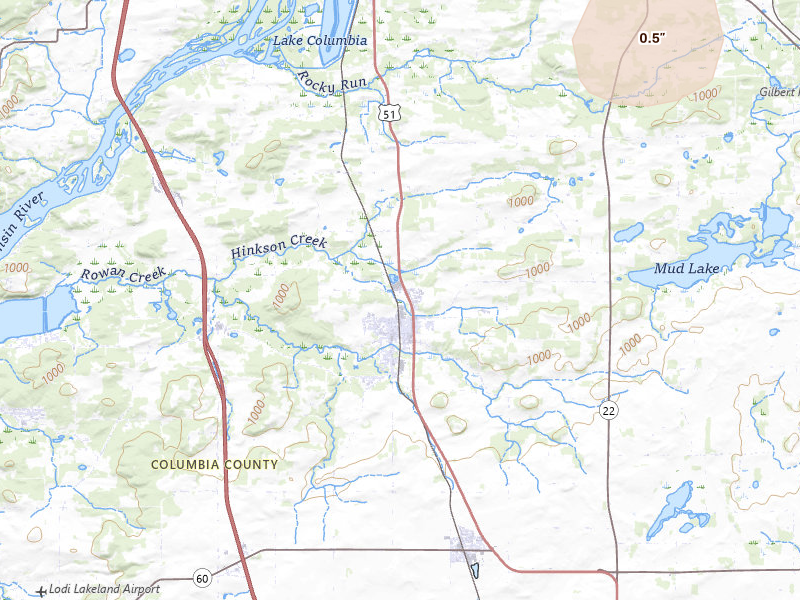 Radar-estimated hail-size map of the storm over Poynette, WI on May 15, 2026