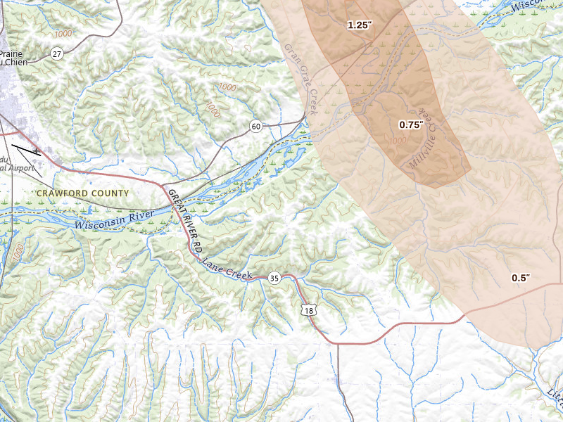 Radar-estimated hail-size map of the storm over Prairie Du Chien, WI on Aug 21, 2026