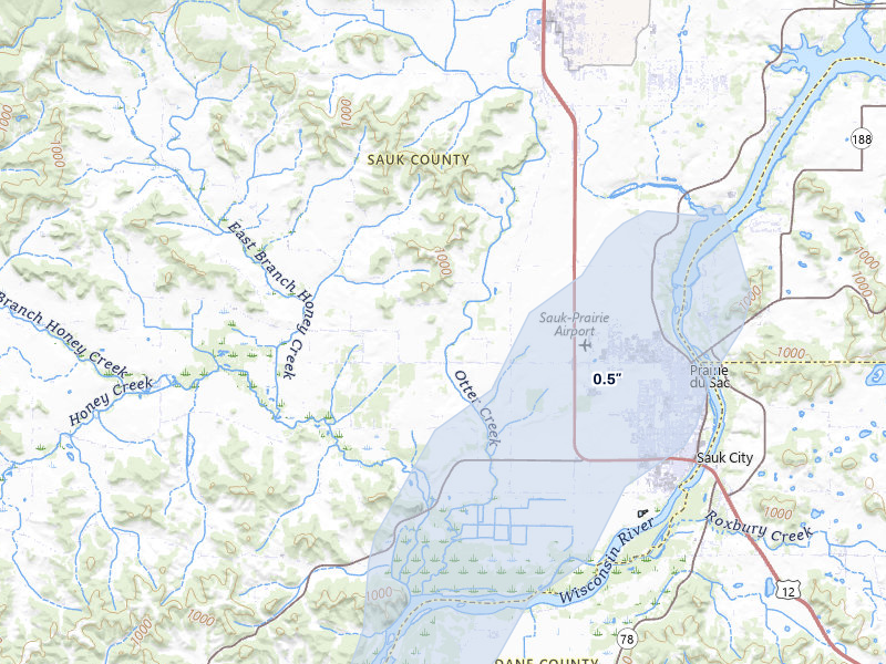 NEXRAD radar-signature map of the hail over Prairie Du Sac, WI