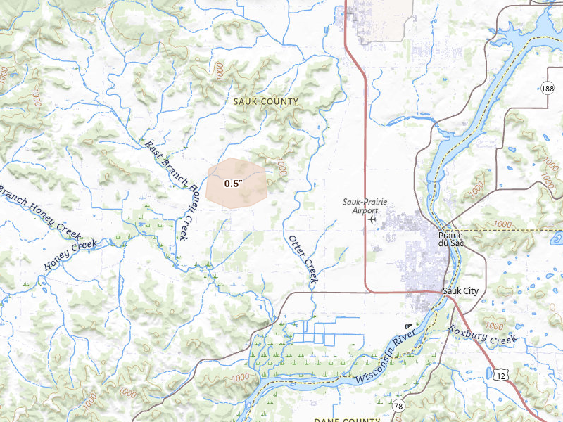 Radar-estimated hail-size map of the storm over Prairie Du Sac, WI on May 15, 2026