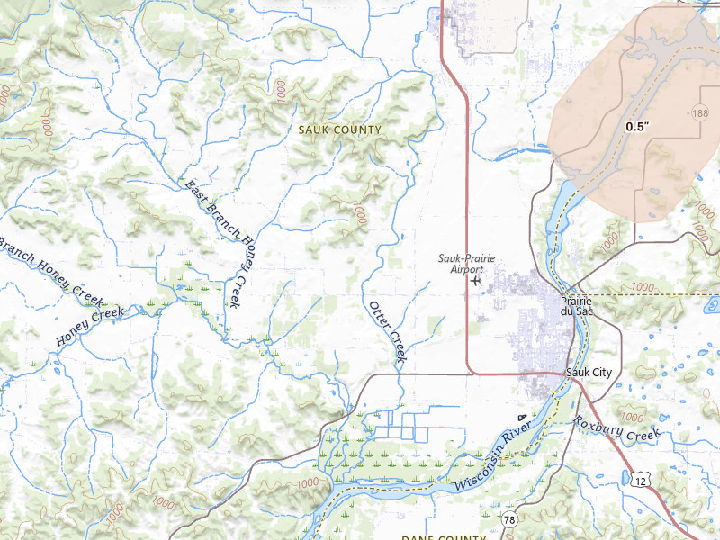 Radar-estimated hail-size map of the storm over Prairie Du Sac, WI on May 27, 2026
