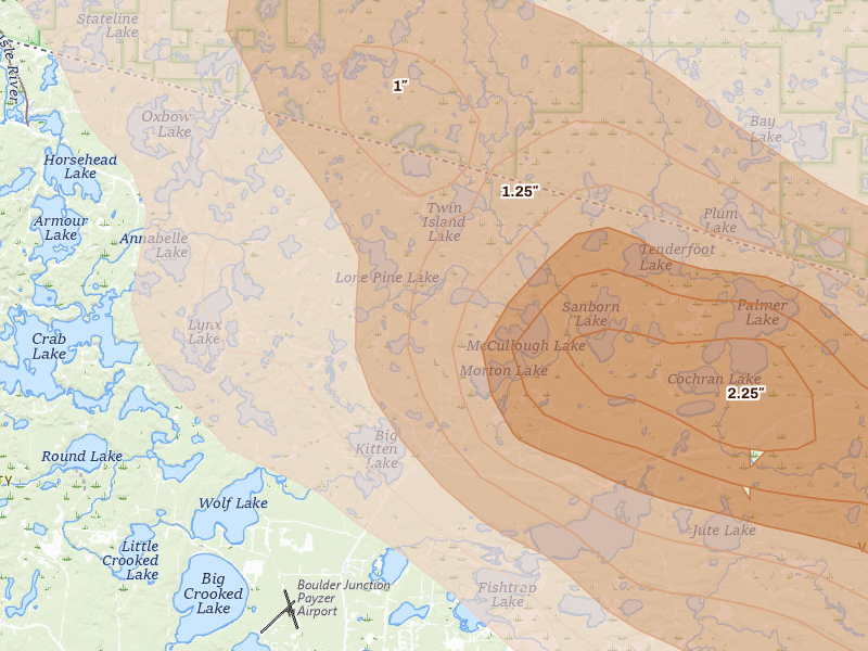 Radar-estimated hail-size map of the storm over Presque Isle, WI