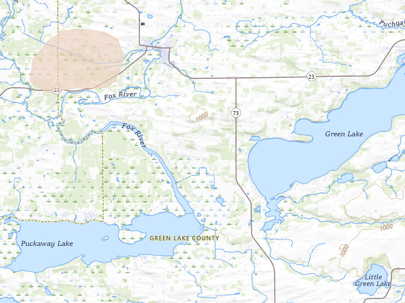 Radar-estimated hail-size map of the storm over Princeton, WI on Mar 31, 2026