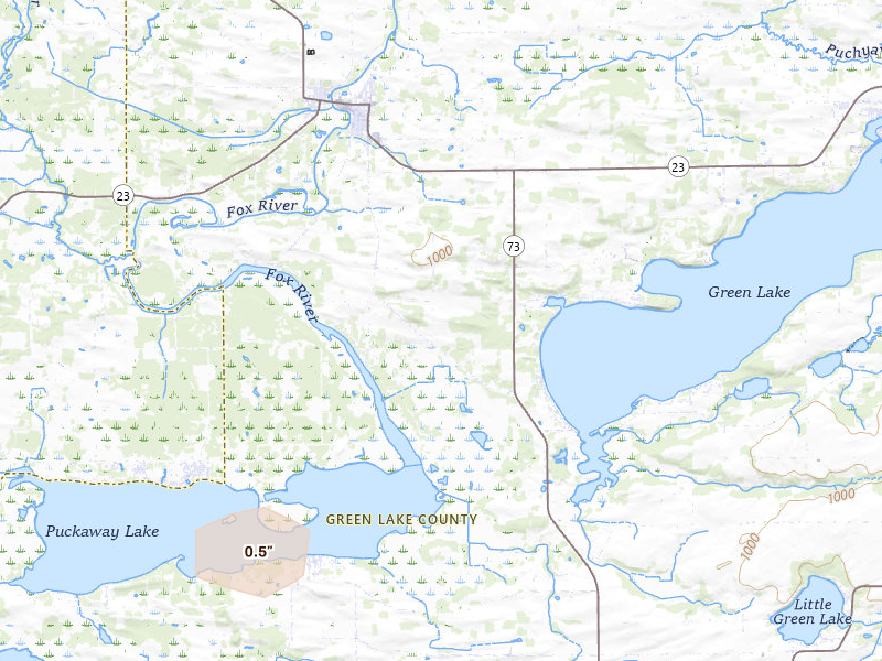 Radar-estimated hail-size map of the storm over Princeton, WI on Jun 5, 2026