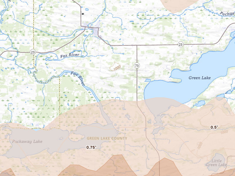 Radar-estimated hail-size map of the storm over Princeton, WI on Jul 1, 2026