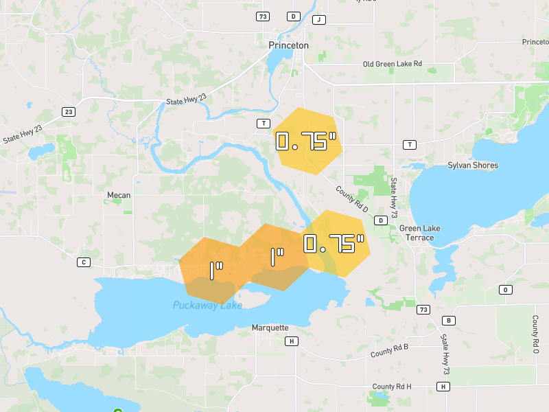 Hail map of Princeton, WI on Jul 1, 2026, hail up to 1"