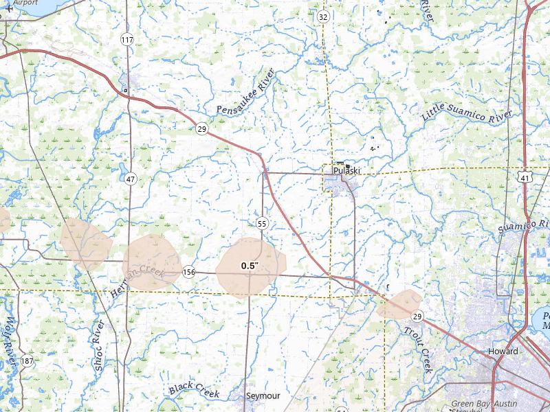 Radar-estimated hail-size map of the storm over Pulaski, WI on Mar 30, 2026