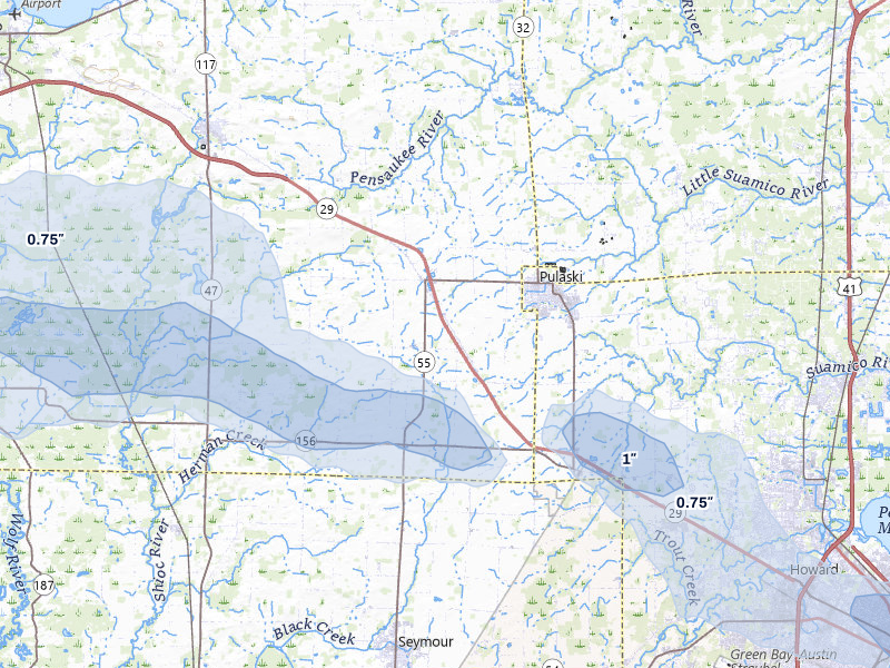 NEXRAD radar-signature map of the hail storm over Pulaski, WI on Mar 30, 2026