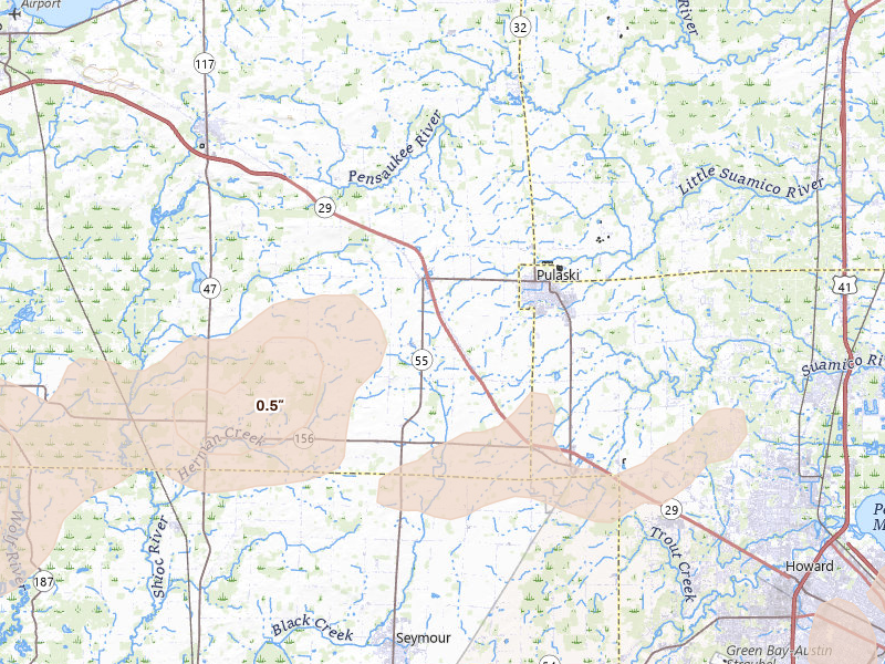 Radar-estimated hail-size map of the storm over Pulaski, WI on Apr 13, 2026