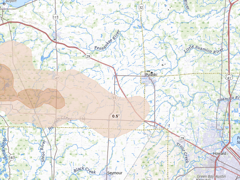 Radar-estimated hail-size map of the storm over Pulaski, WI on Jun 10, 2026