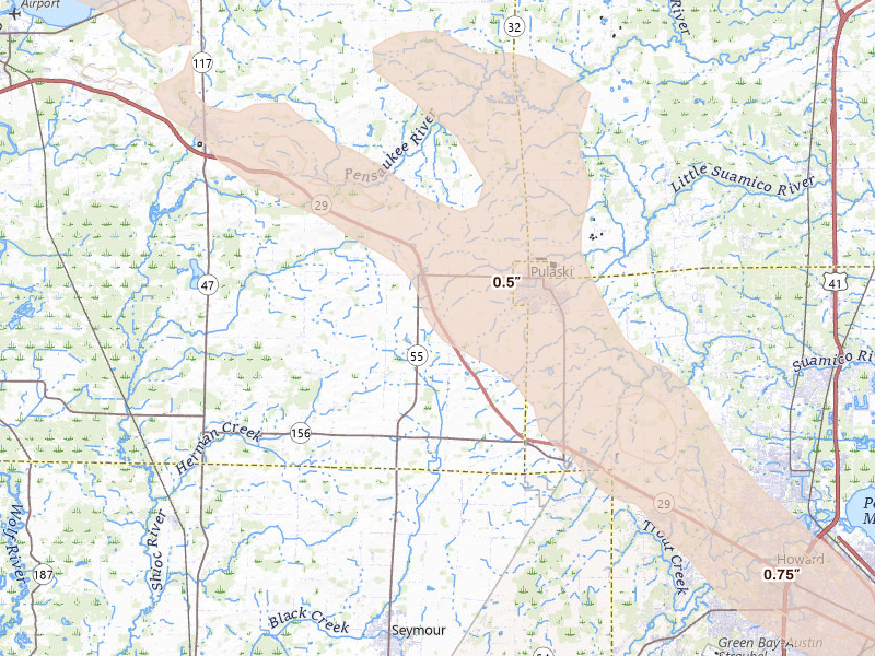 Radar-estimated hail-size map of the storm over Pulaski, WI on Jun 24, 2026