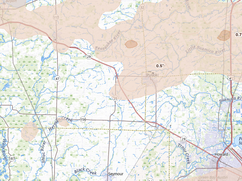 Radar-estimated hail-size map of the storm over Pulaski, WI on Jun 30, 2026