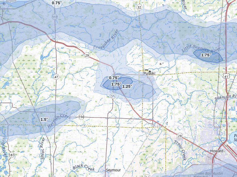 NEXRAD radar-signature map of the hail storm over Pulaski, WI on Jun 30, 2026