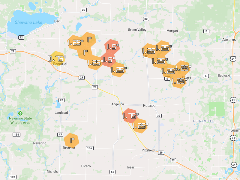 Hail map of Pulaski, WI on Jun 30, 2026, hail up to 1.75"