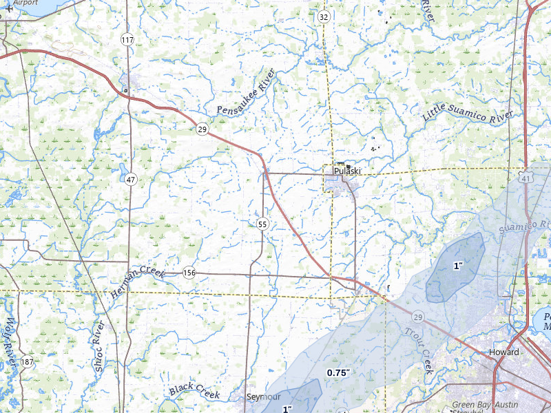 NEXRAD radar-signature map of the hail storm over Pulaski, WI on Jul 1, 2026