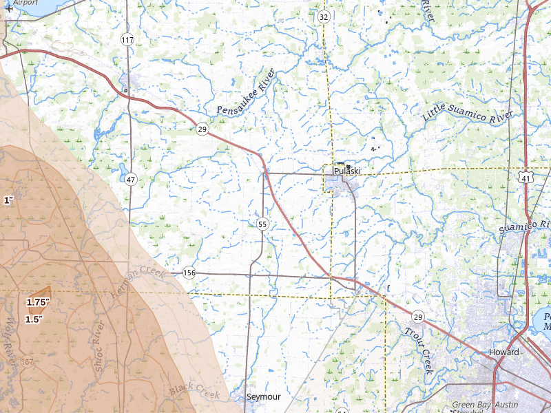 Radar-estimated hail-size map of the storm over Pulaski, WI on Jul 27, 2026