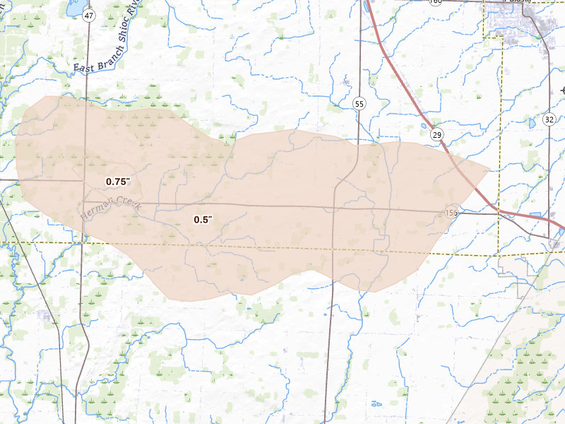 Radar-estimated hail-size map of the storm over Pulaski, WI on Aug 11, 2026