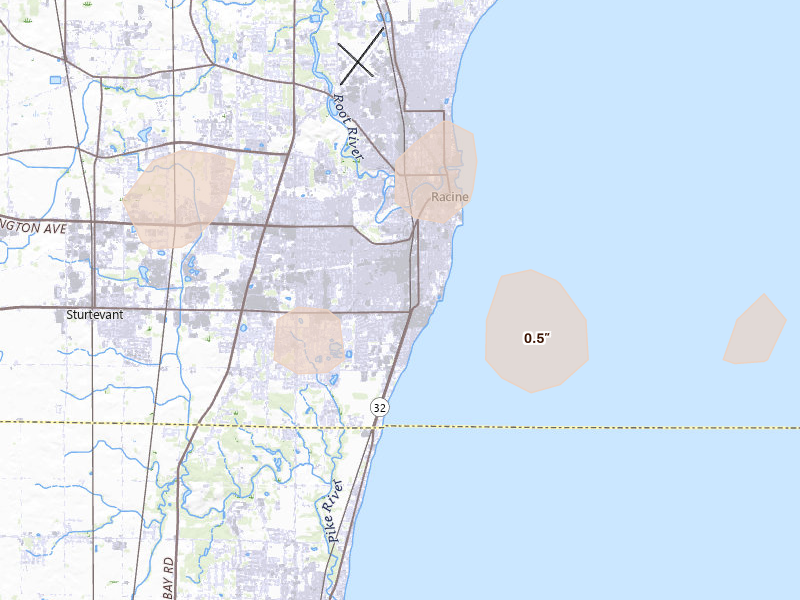 Radar-estimated hail-size map of the storm over Racine, WI on Mar 30, 2026