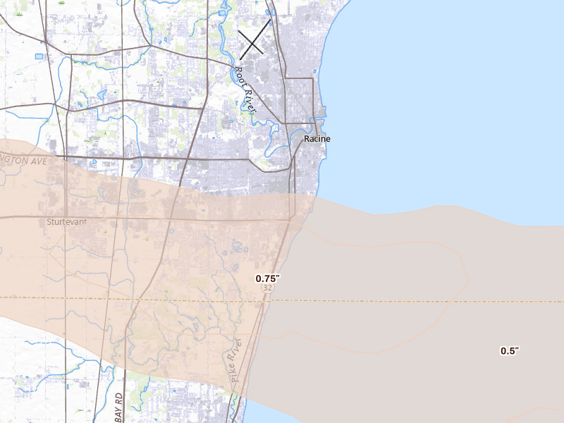 Radar-estimated hail-size map of the storm over Racine, WI on Apr 21, 2026