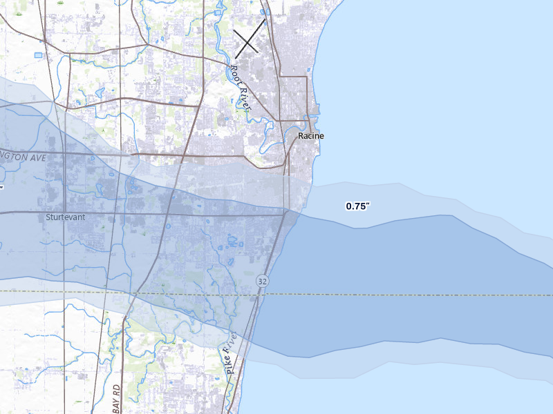 NEXRAD radar-signature map of the hail over Racine, WI
