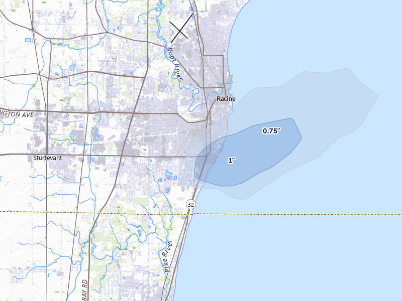NEXRAD radar-signature map of the hail storm over Racine, WI on Jul 3, 2026