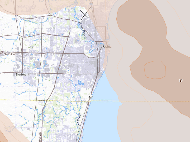 Radar-estimated hail-size map of the storm over Racine, WI on Jul 27, 2026