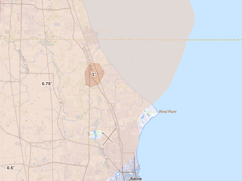 Radar-estimated hail-size map of the storm over Racine, WI on Aug 9, 2026