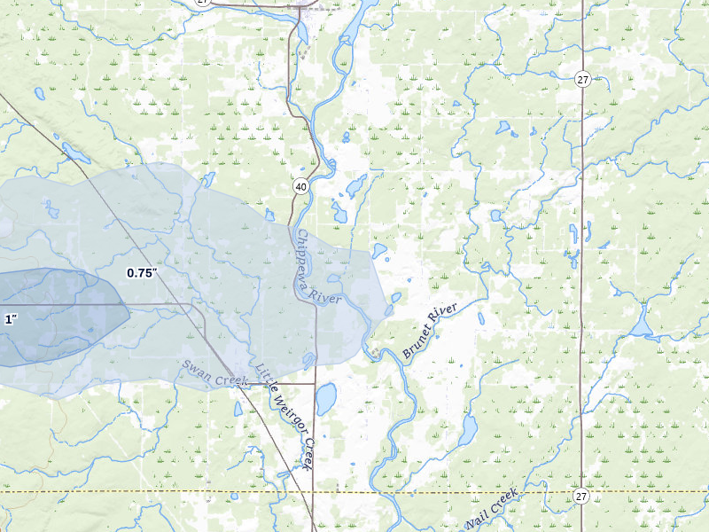 NEXRAD radar-signature map of the hail storm over Radisson, WI on Jul 7, 2026