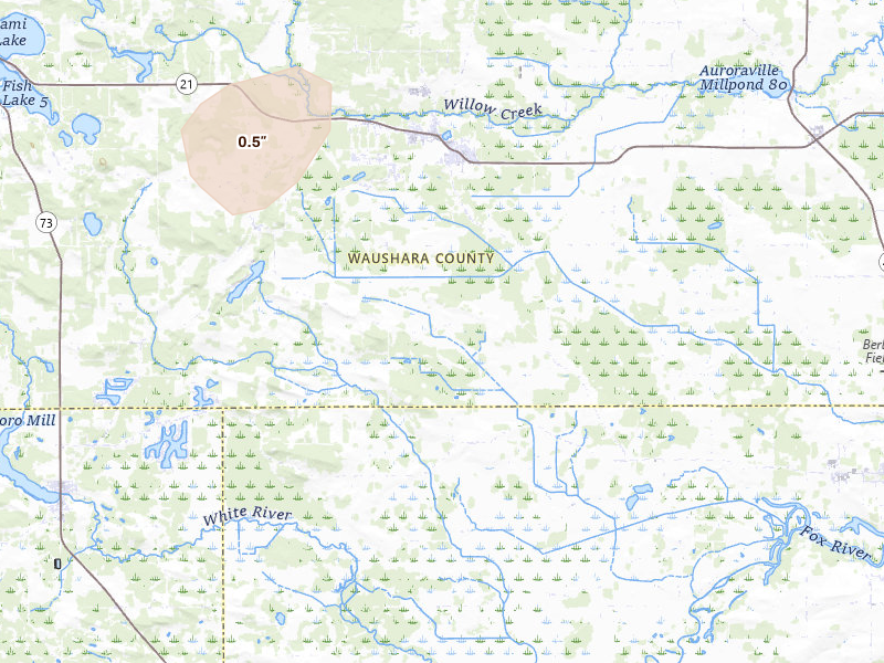 Radar-estimated hail-size map of the storm over Redgranite, WI on Mar 31, 2026
