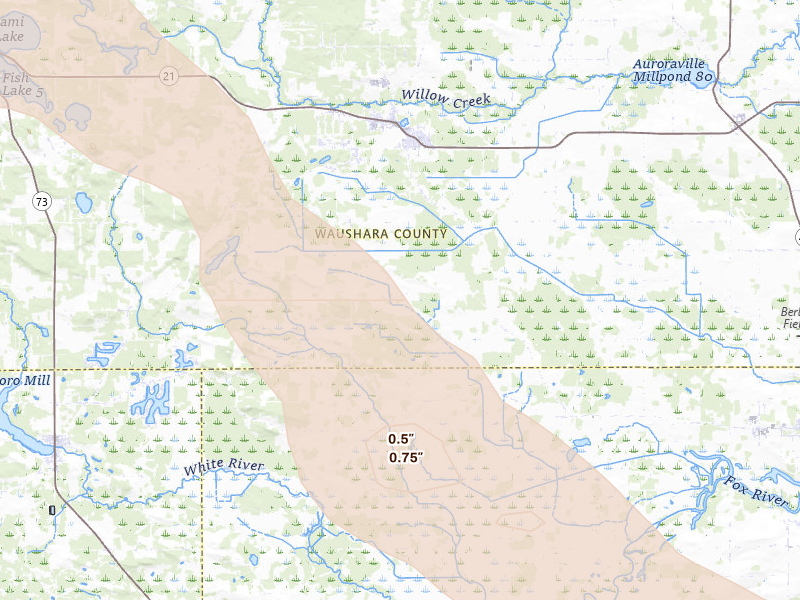 Radar-estimated hail-size map of the storm over Redgranite, WI on Jun 24, 2026
