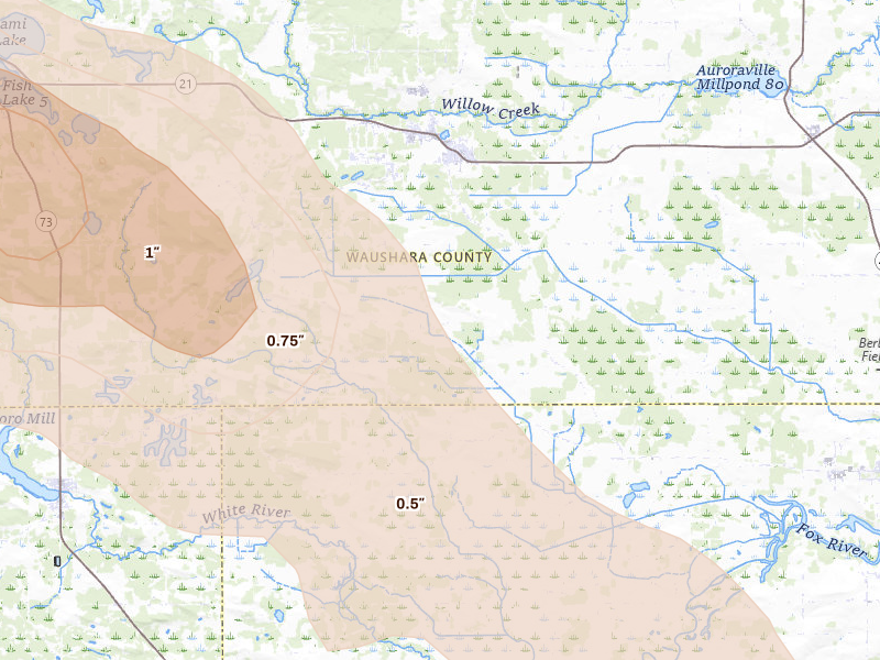 Radar-estimated hail-size map of the storm over Redgranite, WI on Aug 18, 2026