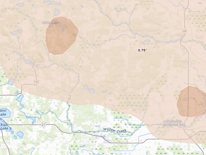 Radar-estimated hail-size map of the storm over Redgranite, WI on Sep 3, 2026