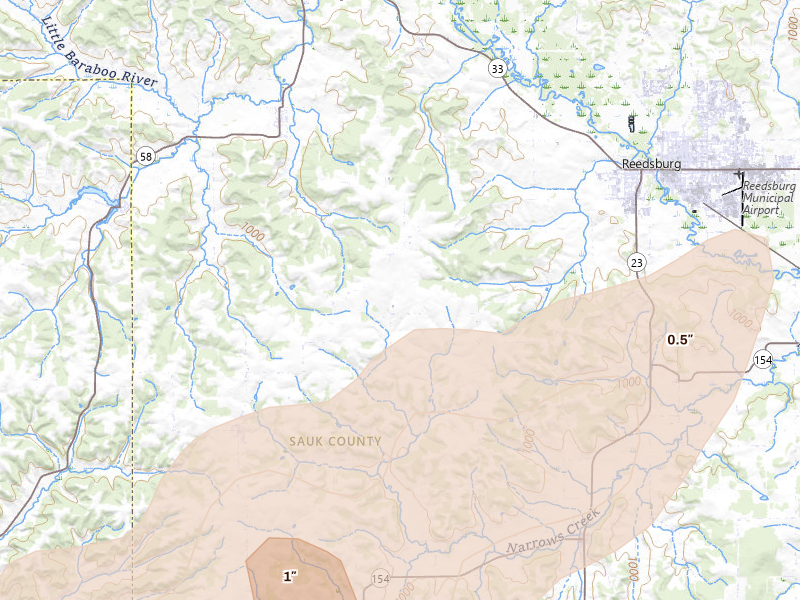 Radar-estimated hail-size map of the storm over Reedsburg, WI on Apr 13, 2026