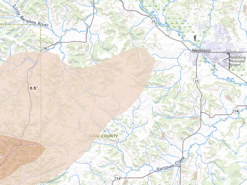 Radar-estimated hail-size map of the storm over Reedsburg, WI on Apr 17, 2026