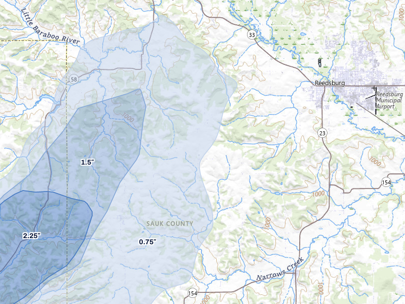 NEXRAD radar-signature map of the hail over Reedsburg, WI