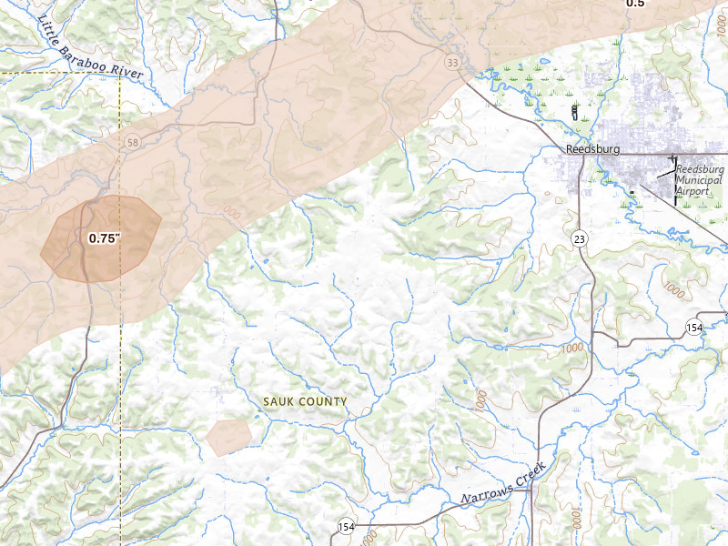 Radar-estimated hail-size map of the storm over Reedsburg, WI on Jul 1, 2026