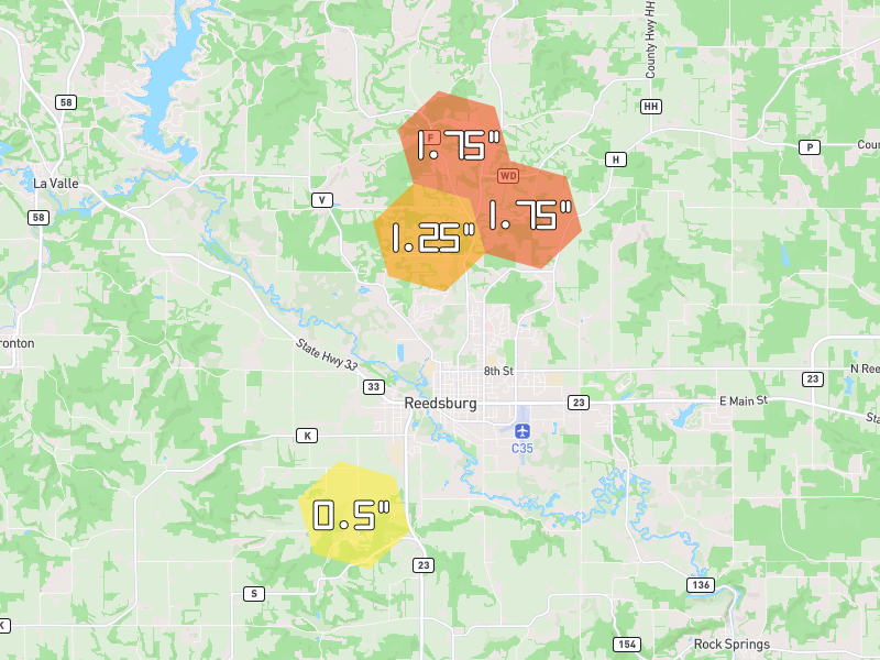Hail map of Reedsburg, WI on Jul 1, 2026, hail up to 1.75"