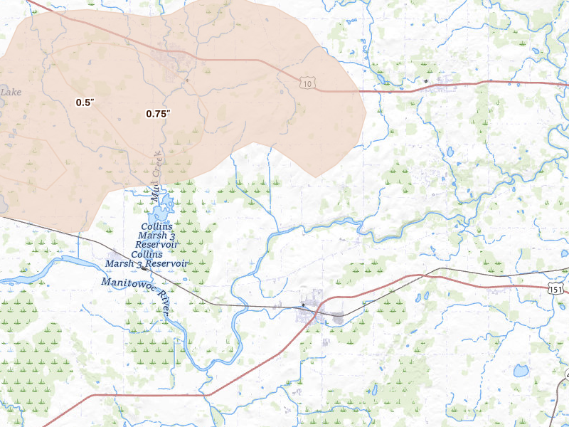 Radar-estimated hail-size map of the storm over Reedsville, WI on Mar 30, 2026