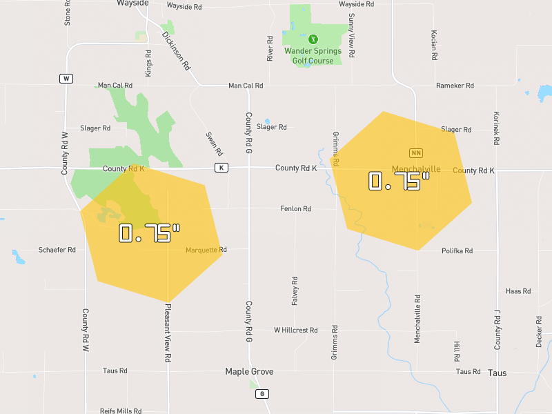 Hail map of Reedsville, WI on Jul 1, 2026, hail up to 0.75"