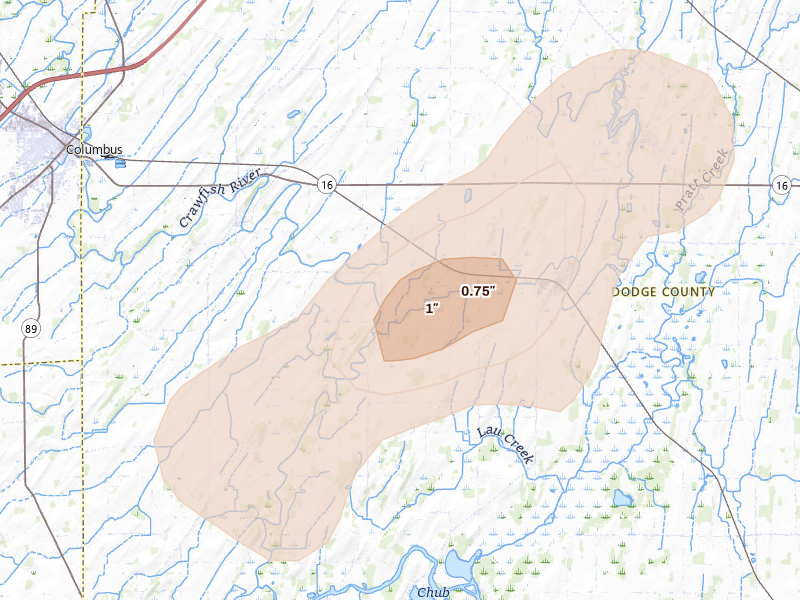 Radar-estimated hail-size map of the storm over Reeseville, WI on Jul 2, 2026