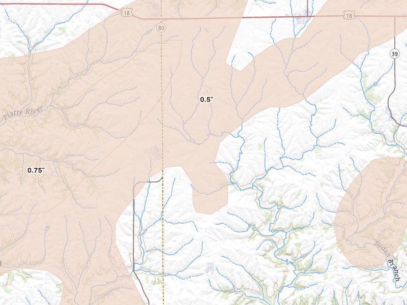 Radar-estimated hail-size map of the storm over Rewey, WI on Apr 17, 2026