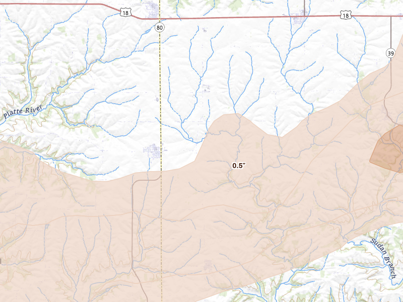 Radar-estimated hail-size map of the storm over Rewey, WI on Jul 2, 2026