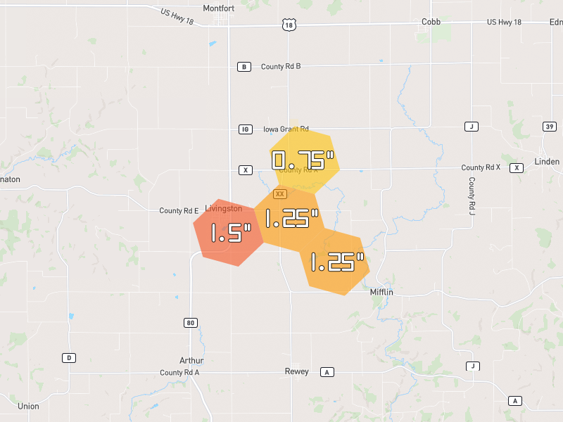 Hail map of Rewey, WI on Jul 2, 2026, hail up to 1.5"