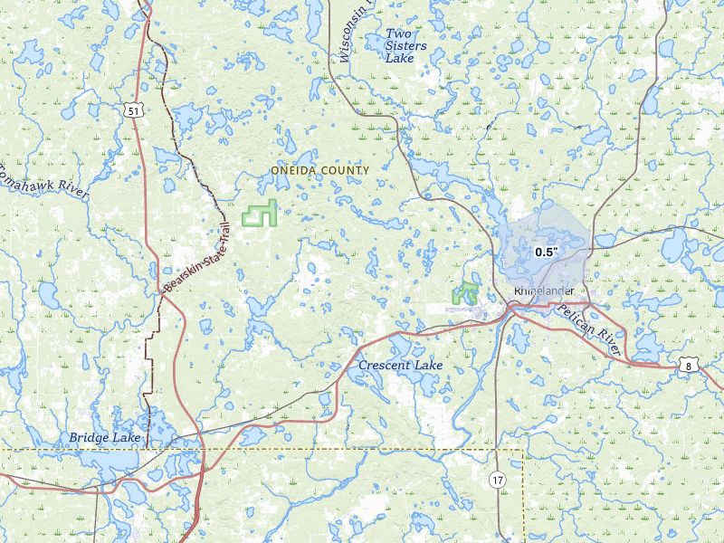 NEXRAD radar-signature map of the hail storm over Rhinelander, WI on Apr 12, 2026