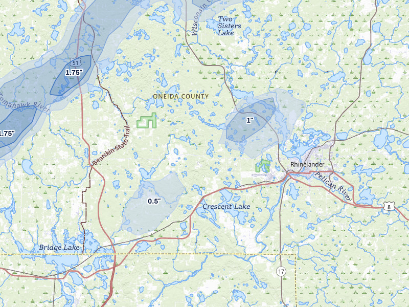 NEXRAD radar-signature map of the hail storm over Rhinelander, WI on Apr 17, 2026