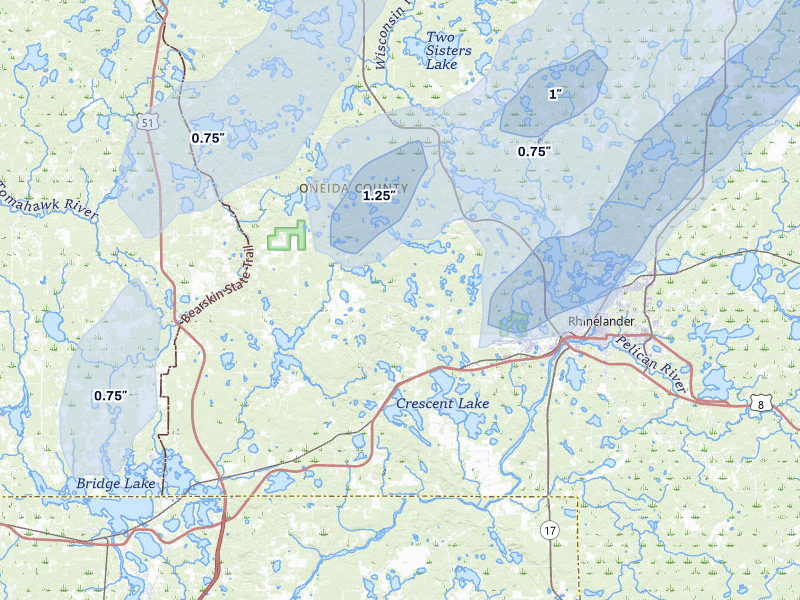 NEXRAD radar-signature map of the hail storm over Rhinelander, WI on May 17, 2026