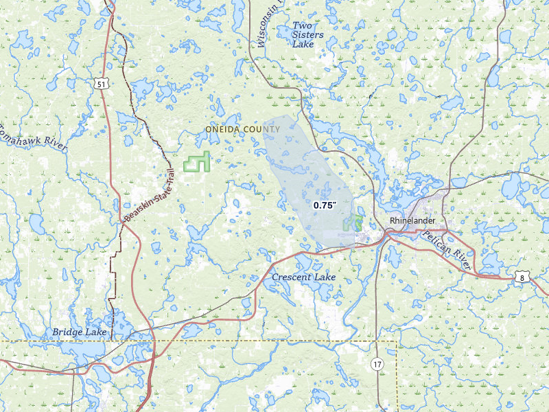 NEXRAD radar-signature map of the hail storm over Rhinelander, WI on May 27, 2026